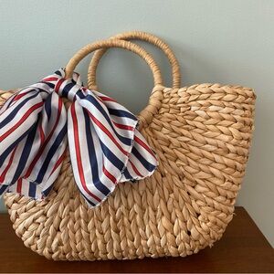 Rattan straw bag with scarf